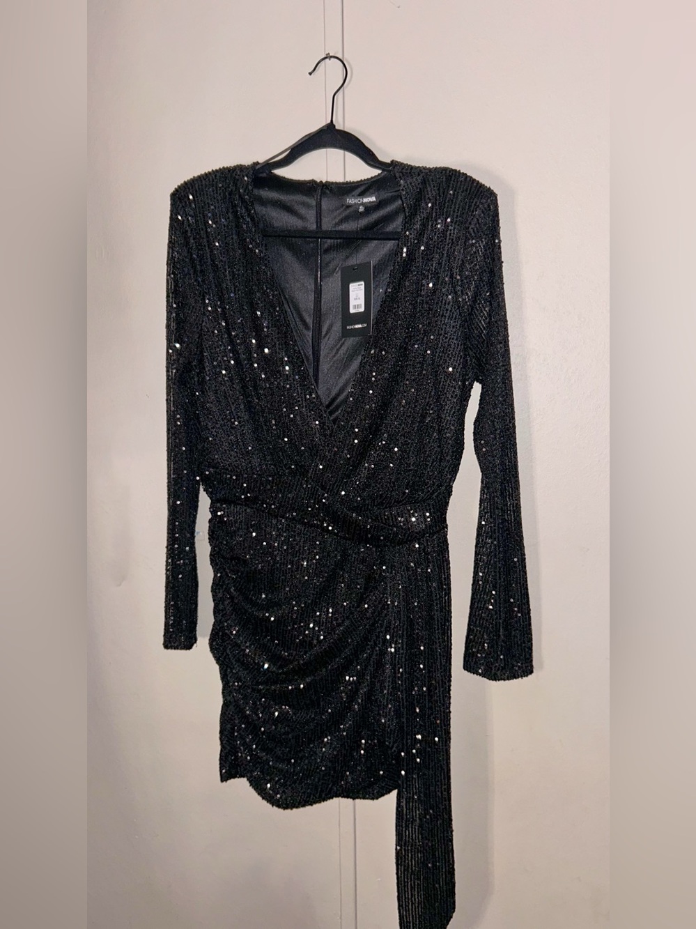 Fashion Nova Black Sequin Wrap Long Sleeve Mini Dress